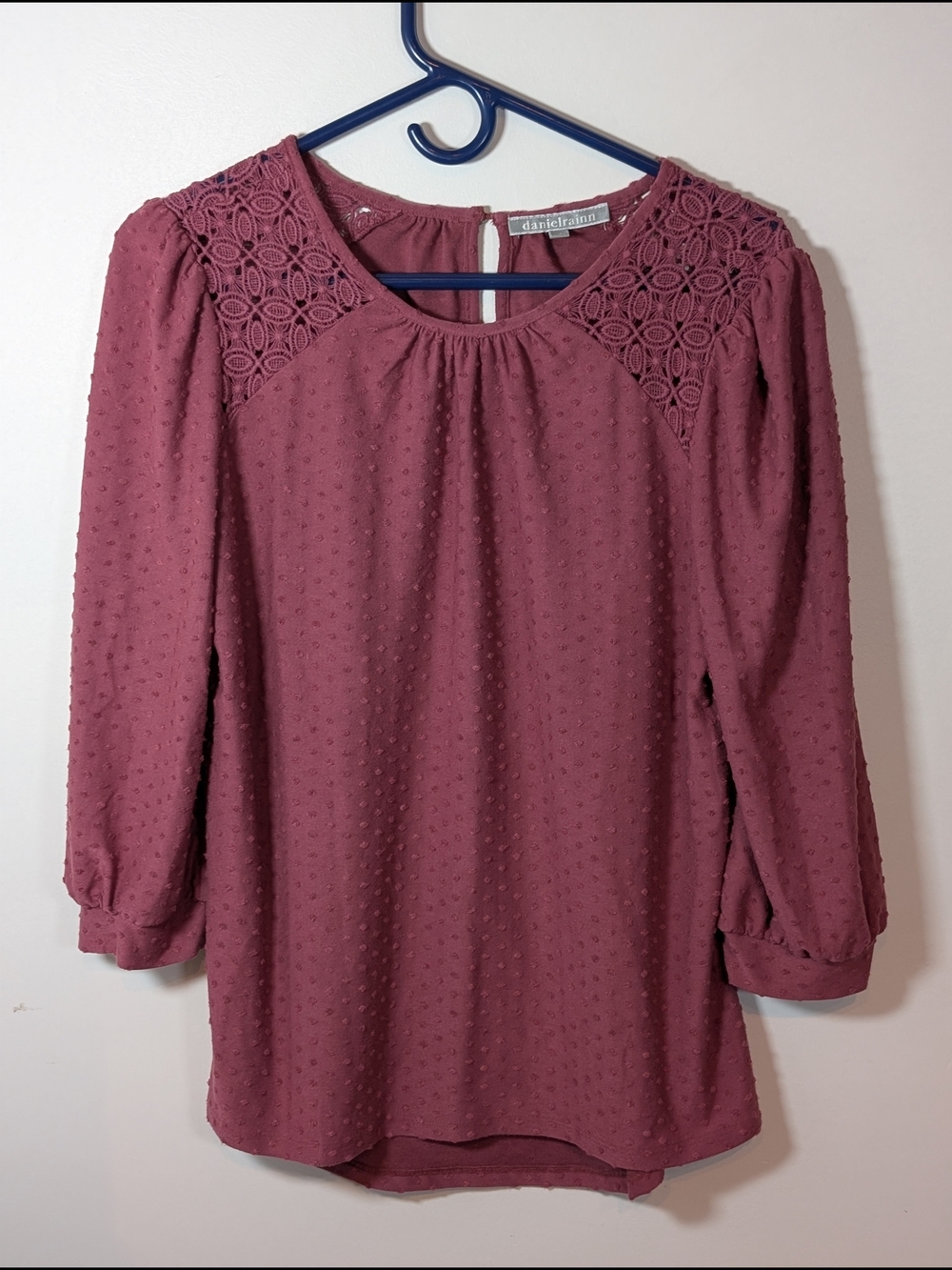 Daniel Rainn Solid Purple Lace Yoke Round Neck 3/4 Sleeve Blouse M
